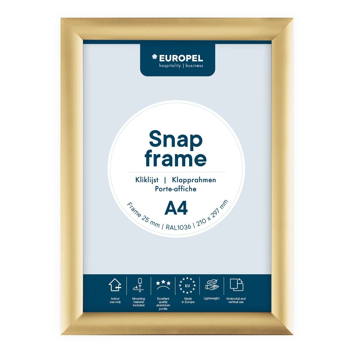 EUROPEL lightweight Snap frame A4, Profile 25x11 mm, Color gold, Anodized aluminum, anti-reflective protector, External dimensions 241x328 mm, Grey polystyrene back