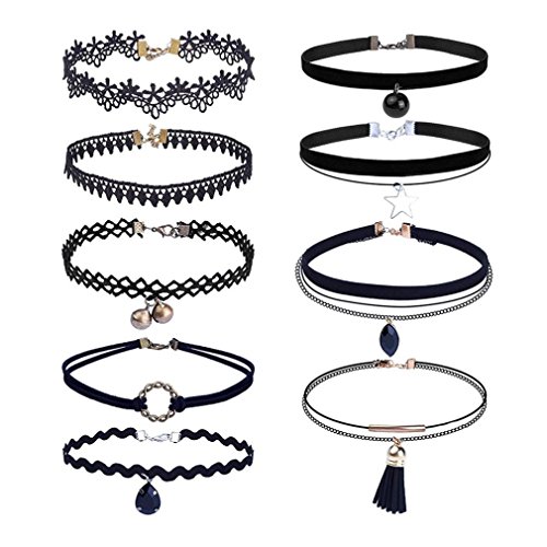 9 Pieces Choker Necklace Set Stretch Velvet Classic Gothic Tattoo Lace Choker (Pack of 9)
