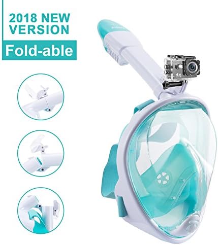 Aidong 180° Full Face Snorkel Mask with Panoramic View Anti-Fog Design, Foldable Storage Snorkel Set With GoPro Mount, Swimming Set for Adults &amp; Kids (180° Panoramic Fold White/Green, Small/Medium)