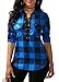KISSMODA Women's Sexy Long Sleeves Fitted Plaid Shirt Deep V Neck Tie Front Tops Blouses With Pockets