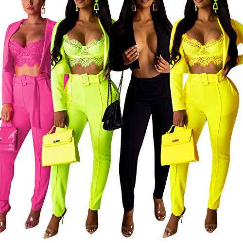 Womens Solid Color Blazers 2 Piece Outfits Long Sleeve Suits with Pants Tracksuit Yellow Small