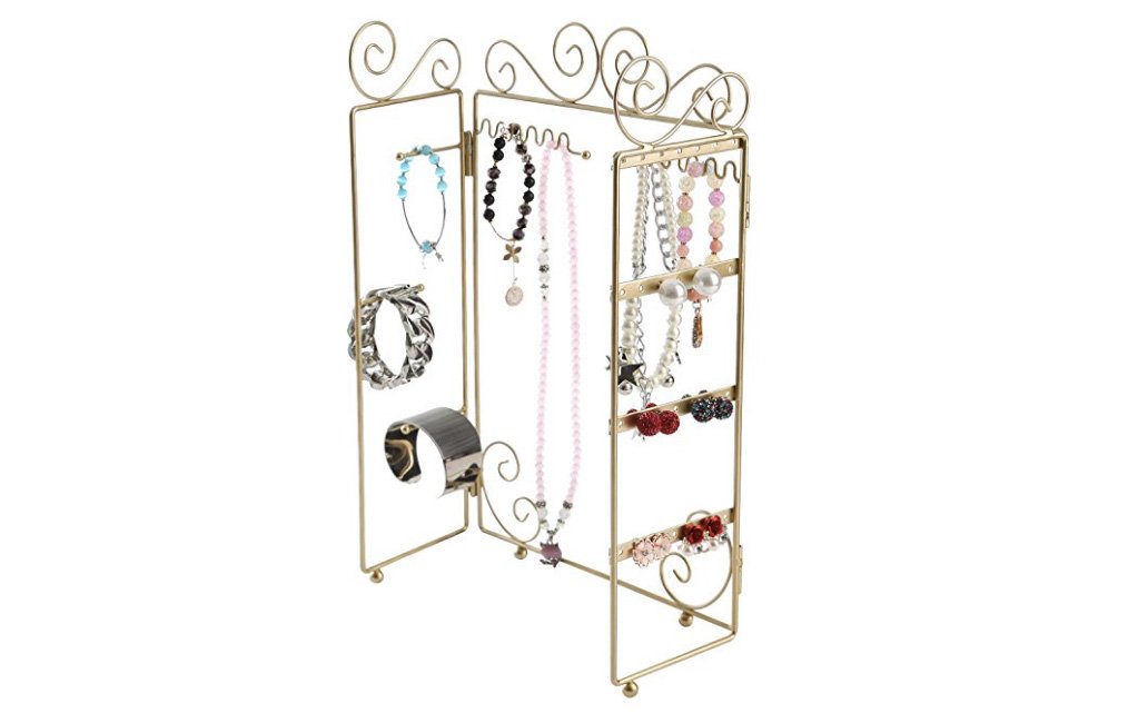 Modern Gold Metal 3 Panel Trellis Folding Jewelry Hanger Organizer for Bracelet, Earrings, Necklace