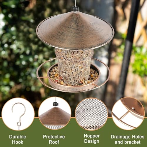 Bird Feeders for Outdoors Hanging, 2lb Large Seed Capacity Metal Feeder for Garden Patio, Mesh Tube Iron Outdoor Hanging Feeding Attract Various Birds, Including Finches and Sparrows(Brown)
