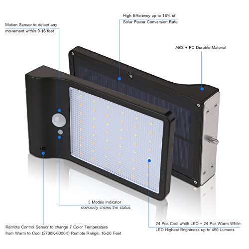 ECHTPower Solar Lights Outdoor, Wall Sconces with Mounting Pole, Radar Motion Sensor and Remote Control, 48 LEDs Waterproof Security Lighting for Barn Porch Garage ¡