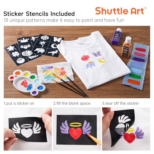 Shuttle Art Fabric Paint, 18 Colors Permanent Soft Fabric Paint in Bottles (60ml/2oz) with Brushes, Palette, Stencils, Non-Toxic Textile Paint for T-Shirts, Shoes, Jeans, Bags, DIY Projects&Art