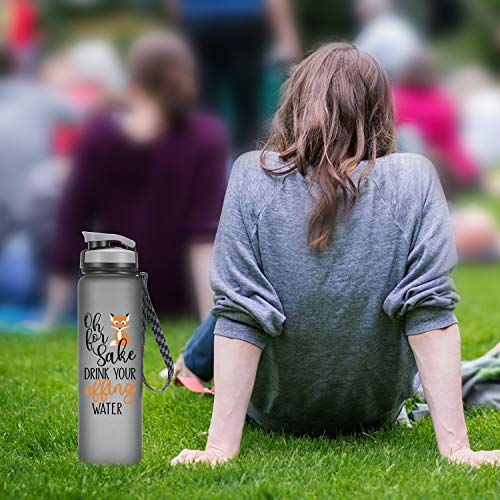 LEADO 32oz 1Liter Motivational Tracking Water Bottle with Time Marker - Oh for Fox Sake Drink Your Effing Water - Funny Birthday Gifts for Women, Wife, Mom, Daughter, Best Friend - Drink More Water