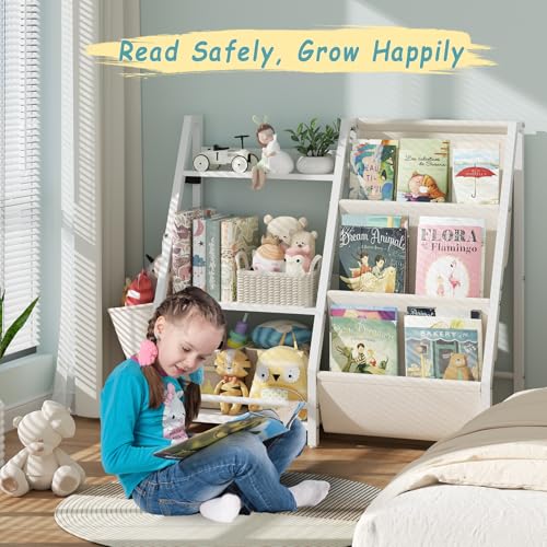 Kids Bookshelf and Toy Organizer, Montessori Bookcase and Toy Storage for Kids Room, 3 Tier Sling Book Rack for Toddler, Children Book Display Shelf for Nursery, Bedroom, Playroom, Classroom