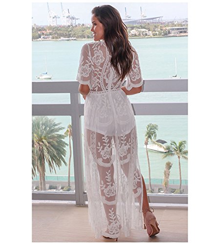 Eleter Women's Deep V-Neck Lace Romper Short Sleeve Long Dress - Import It All Eleter Women's Deep V-Neck Lace Romper Short Sleeve Long Dress - Import It All
