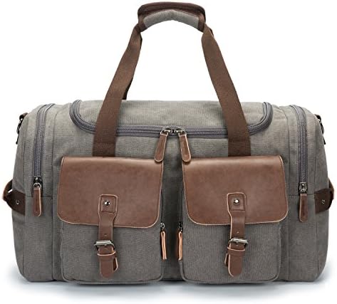Leather Overnight Duffle Bag Canvas Travel Tote Duffel Weekend Bag Luggage (Gray)