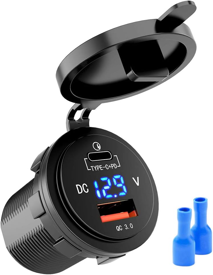 MICTUNING 36W Fast PD USB-C Car Charger with USB Quick Charge 3.0 and Type C Charger Socket with LED Digital Voltmeter Compatible with iPhone iPad Pixel Samsung MacBook