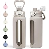 SANDJEST Glass Water Bottle with Silicone Sleeve 24oz with Lid, Motivational Time Marker, Drinking Hydration Glass Bottles for Men Women, Gym Travel Sports (Gray)