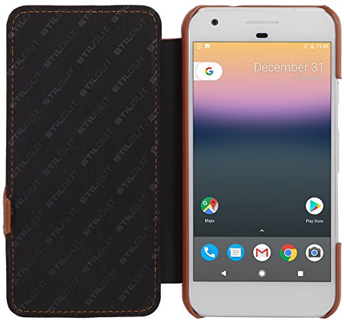 StilGut Book Type with Clip, Genuine Leather Case for Google Pixel, Flip Cover with with Smart Sleep/Wake Function, Full Body Protection, Cognac Brown - Thumbnail 3