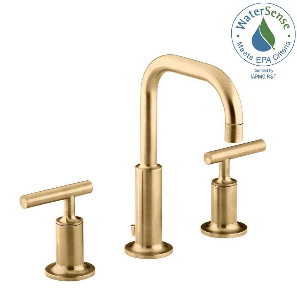 Bathroom Faucet by KOHLER, Bathroom Sink Faucet, Purist Collection, 2-Handle Widespread Faucet with Metal Drain, Vibrant Moderne Brushed Gold, K-14406-4-BGD