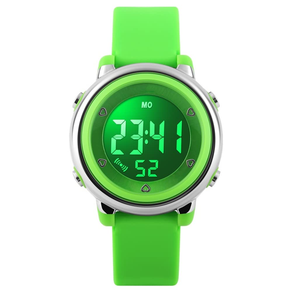 FeiWen Fashion Simple Digital Sports Watch for Boy Girl, 50M Waterproof Outdoor Multifunction Stopwatch Alarm Military 7 Multicolor LED Backlight Large Numbers Plastic Watch with Rubber Band, Green