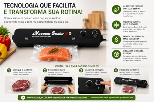 Seladora a Vácuo para Alimentos Vacuum Sealer, Máquina Compacta Automática para Embalar Carnes, Legumes, Frutas, Grãos e Porções para Geladeira e Freezer