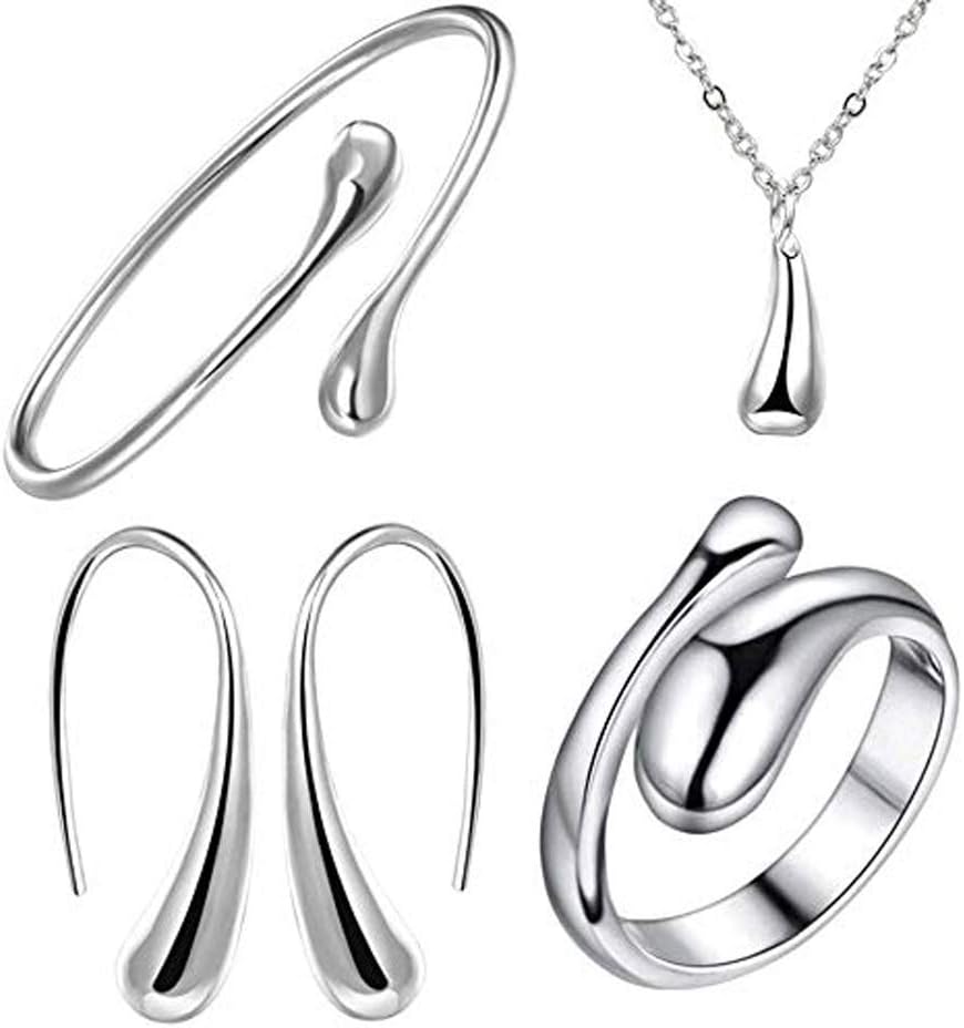 925 Sterling Silver Necklace Earring Ring Bangle Set for 4 Pcs