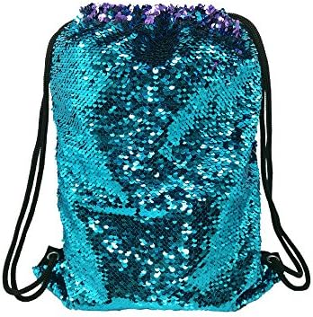 WANTASTE Reversible Sequin Backpack for Girls &amp; Women, Glitter Mermaid Drawstring Bag for Dance, Beach, Gym &amp; Travel (Lake Blue &amp; Purple)