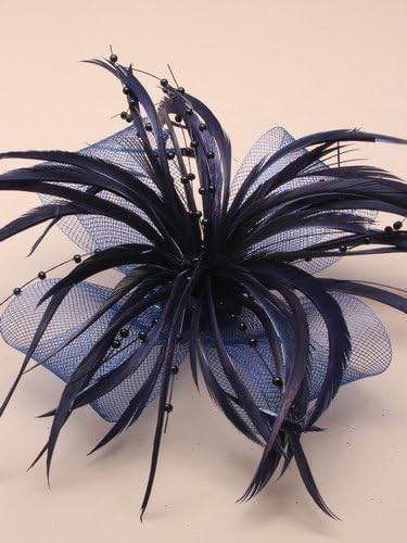 Crystal InnovationLarge Beaded Net Bow & Feather Fascinator On Beak Clip Brooch Navy Blue Ref: 784