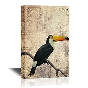 Birds and Poultry Canvas Wall Art - Toucan Standing on The Branch - Retro Style Gallery Wrap Modern Home Art | Ready to Hang - 12x18 inches