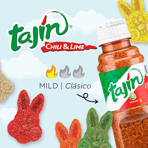 SNAK CLUB TAJIN GUMMY BUNNIES, ASSORTED FRUIT CANDY GUMMIES WITH CHILI AND LIME SEASONING, MILD, GLUTEN-FREE AND VEGAN SNACKS, 9 OZ RESEALABLE BAGS, 6 PACK