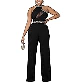 Womens Sexy Sleeveless Turtleneck Mesh Printed Bodycon Wide Leg Party Clubwear Jumpsuit Rompers Black