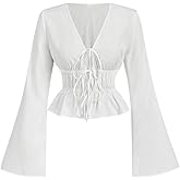 SHENHE Women's Dressy Casual Tie Front Blouse Long Sleeve Peplum Ruffle Coquette Shirt Top
