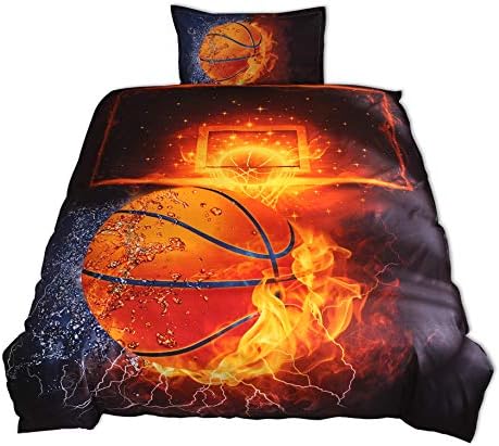 HTgroce 3D Sports Basketball Bedding Set for Boys, Ultra Soft and Breathable Microfiber Comforter Protector with Zipper Closure, Twin Size, 2PCS,1 Duvet Cover+1 Pillow Sham (No Comforter)