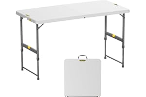 FanttikOutdoor 4ft Portable Folding Table, One-Handed Height Adjustment, 4 Heights, Gravity Lock, Carry Handle, Indoor Outdoor Heavy Duty Fold-in-Half Utility Table, Party, 1 Pack, White Zeta X4 Pro