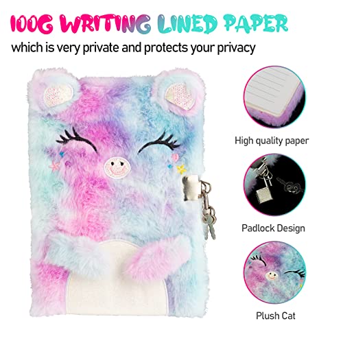 CODACE Plush Diary with Lock and Key for Girls, Fluffy Cute Lock Diary with Multicolored Pen, Plush Secret Locking Diary 160 Pages Notebook for Writing & Drawing, Gift Set for Girls, Daughter, Teen