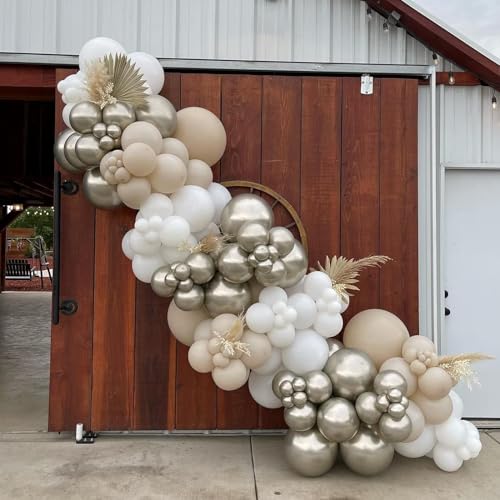 156 Pcs Sand White Gold Balloon Arch Kit, White White Nude and Metallic Chrome Gold Balloons for Boho Wedding, Bridal Shower, Birthday Decorations, Engagement, Anniversary