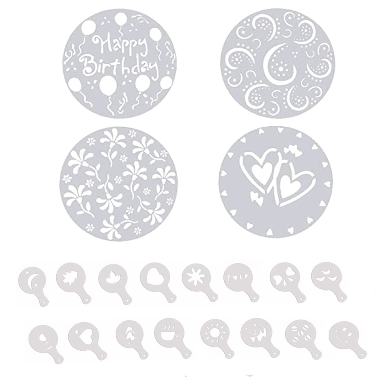 Coffee Sprinkles Powder Set, 16Pcs Stencils Set with 4Pcs Cake Stencils, Plastic Painting Mold Tools, DIY Craft for Coffee Cake Decorating