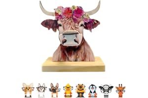KhuaArt Newsukie,Wooden Animal Glasses Holder - Cute Solid Pine Wood Eyeglasses Stand,Carving Sunglasses Eyeglass Display Stand,Newsukie Creative Gift Glasses Holder for Desk (Flowers Highland Cow)