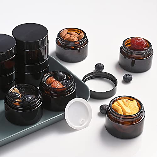 1 oz Glass Jars with Lids, Bumobum 48 pack Amber Cream Jars with Black Lids, Black and White Labels & Inner Liners, Empty Cosmetic Containers for Homemade Balms, Lotion, Salve, Ointment, Body Scrub