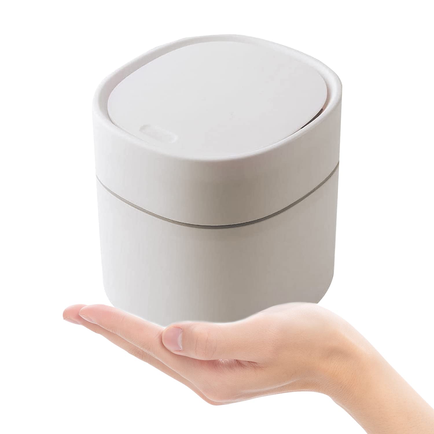 ETRAVEL Small Office Bin with Lid for Countertop, Cosmetic Table Top, Bathroom, Bedroom Desktop Bin (Beige)