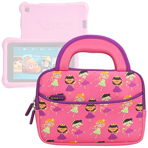 Evecase All-New Fire 7 Kids Edition Tablet Sleeve, Cute Princess Themed Neoprene Travel Carrying Slim Sleeve Case Bag w/ Dual Handle and Accessory Pocket - Pink w/ Purple Trim