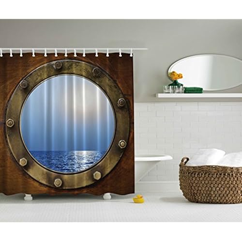 Ship Porthole Print Polyester Fabric Shower Curtain Brown Blue Gold Home & Kitchen, Bath, Bathroom Accessories, Shower Curtains, Hooks & Liners, Shower Curtains