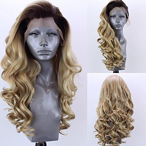 YUAN 2 Tone Ombre Synthetic Lace Front Wigs Loose Bouncy Curly Champagne Blonde Replacement Hair Wigs for Black Women Blend Heat Resistant Fiber Hair Half Hand Tied 24 Inches