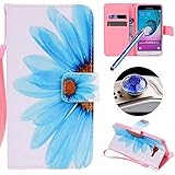 Samsung Galaxy J3 2016 Flip Case,Samsung Galaxy J3 2016 Wallet Case,Etsue Strap Leather Case for Samsung Galaxy J3 2016,Pretty Sunflower Pattern Soft Inner Magnetic Closure Bookstyle Leather Wallet Case Cover with Card Slots for Samsung Galaxy J3 2016+Blue Stylus Pen+Bling Glitter Diamond Dust Plug(Colors Random)-Sunflower