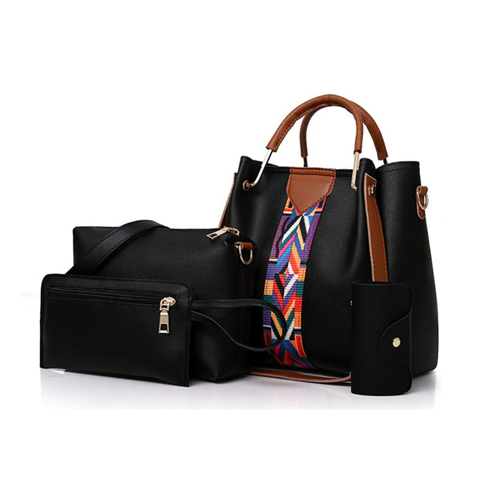 Women Handbag Set 4 in 1 Soft PU Leather Top Handle Bag, Tote Bag, Shoulder Bags Crossbody Bag Wallet Purse Set (Black)