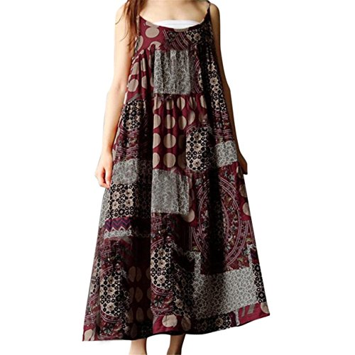 KESEE Women Dress, Ladies Summer Sleeveless Dress Vintage Linen Strappy Loose Dresses Bohe Print Long Dress Plus Size Skirt (XXL, Red)