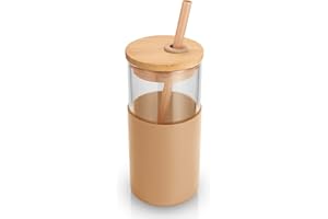 Tronco 16 oz Glass Tumbler with Straw and Bamboo Lid, Iced Coffee Cup Reusable, Smoothie Cups, Tumbler with Silicone Protective Sleeve - BPA Free