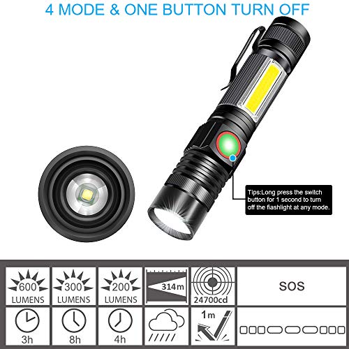 Rechargeable Flashlight, Magnetic Flashlight（with 18650 Battery), Super Bright Pocket-Sized COB Work Light T6 LED Torch with Clip, Zoomable, Water Resistant, 4 Modes for Camping Hiking 2 Pack