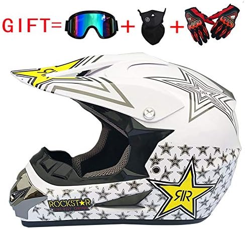 Shfmx Adult Motorcycle Off Road Helmet DOT - MX ATV Dirt Bike Motocross UTV (with Riding Gloves, Goggles,Mask) White/Pentagram,L