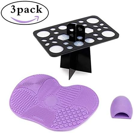 Makeup Brush Cleaning Mat 28 Mix Holes Brush Drying Tower and Makeup Washing Brush Silica Glove Scrubber Board Brush Egg Set， Portable Brush Cleaning Pad Cosmetic Clean Tools with Suction Cup(Purple)