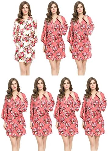 Floral Cotton Bridesmaids Robes 6 Coral &amp; 1 White Wedding Bride by Endless Envy