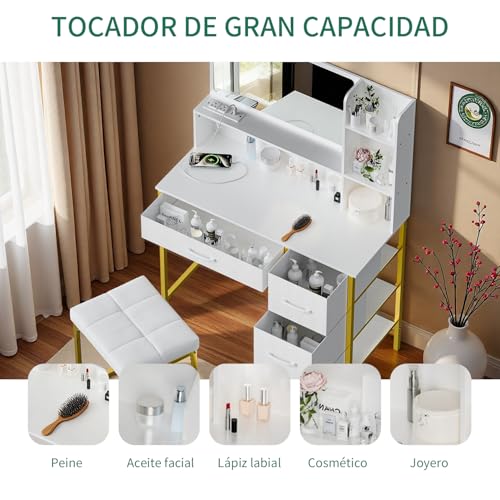 Tocador,Vanity tocador grande con 4 cajones en cuero blancos,Tocadors Vanity con Espejo , Con toma de corriente,con 1 cuero taburete tapizado, Ideal para Recámara, Sala de Estar, Vestidor 90x40x133CM