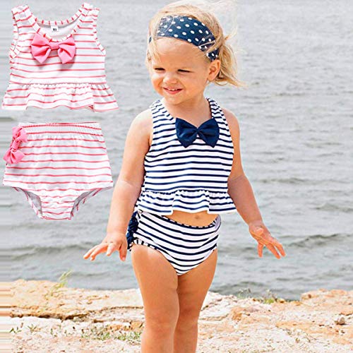 Baby Girl Bikini Striped Beach Swimsuit Ruffles Bathing Suit Adjustable Swimwear 2 Pcs Set (9-12 Months, Pink)