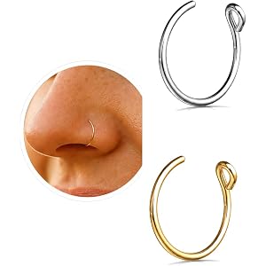 LAOPAZ Pack of 2 Fake Nose Rings – 14K Gold Filled & 925 Sterling Silver Clip On Nose Hoops, Adjustable Non Piercing Faux Nos