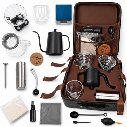 Toshionics V60 Coffee kit Drip Coffee Maker 15 Pcs - Manual Coffee Dripper Pour Over Coffee Set With Portable Bag, Hand Grinder, Gooseneck Kettle, Scale, Double Wall Cup Premium Barista Brewing Set