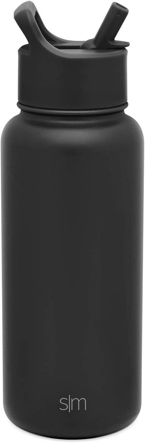 Simple Modern Insulated Water Bottle with Straw Lid 1 Liter Reusable Wide Mouth Stainless Steel Flask Thermos, 32oz (945ml), Midnight Black: Kitchen & Dining
